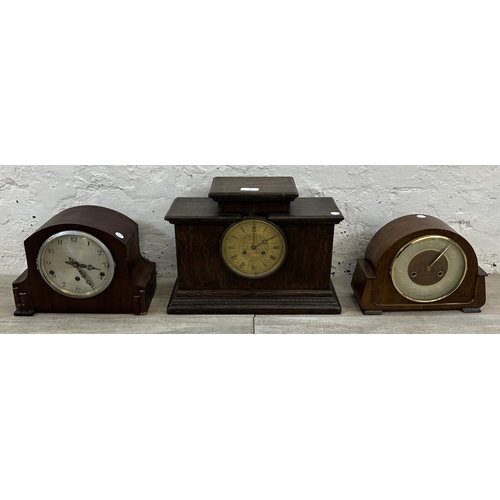 35 - Three mantel clocks, one mid 20th century walnut cased chiming with pendulum, one 1930s walnut cased... 