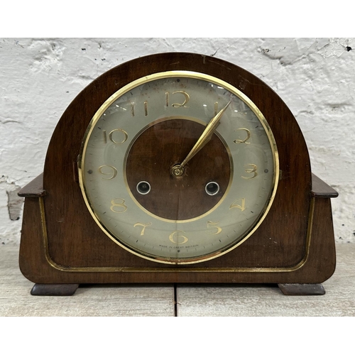 35 - Three mantel clocks, one mid 20th century walnut cased chiming with pendulum, one 1930s walnut cased... 