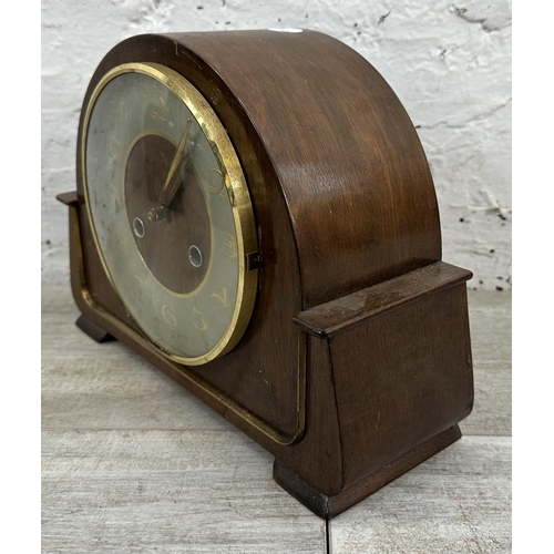 35 - Three mantel clocks, one mid 20th century walnut cased chiming with pendulum, one 1930s walnut cased... 