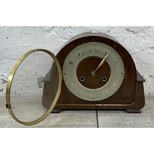 35 - Three mantel clocks, one mid 20th century walnut cased chiming with pendulum, one 1930s walnut cased... 