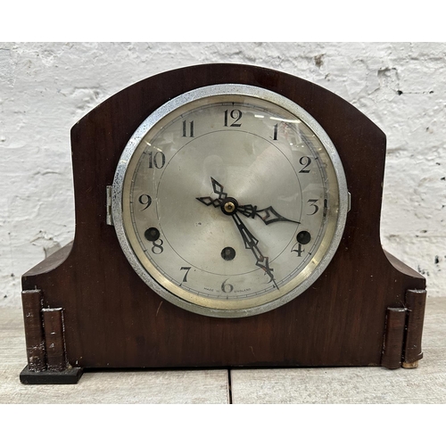 35 - Three mantel clocks, one mid 20th century walnut cased chiming with pendulum, one 1930s walnut cased... 