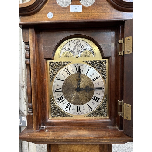 38 - A late 20th century Emperor mahogany cased grandfather clock with pendulum and weights - approx. 190... 