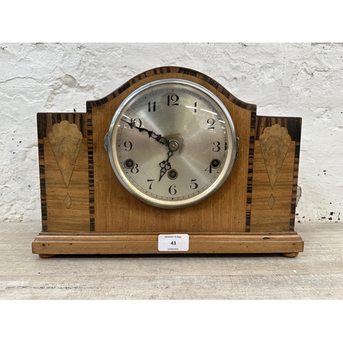 43 - An Art Deco rosewood inlaid walnut cased Westminster chime mantel clock with pendulum and key - appr... 