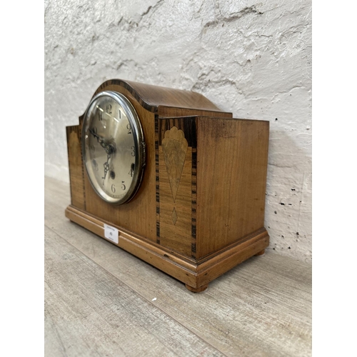 43 - An Art Deco rosewood inlaid walnut cased Westminster chime mantel clock with pendulum and key - appr... 