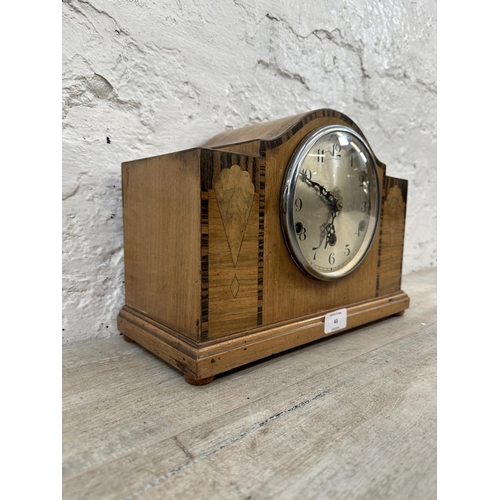 43 - An Art Deco rosewood inlaid walnut cased Westminster chime mantel clock with pendulum and key - appr... 