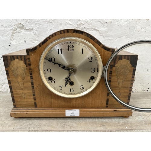 43 - An Art Deco rosewood inlaid walnut cased Westminster chime mantel clock with pendulum and key - appr... 