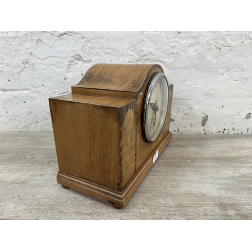 43 - An Art Deco rosewood inlaid walnut cased Westminster chime mantel clock with pendulum and key - appr... 