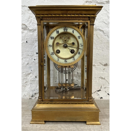 45 - A late 19th century French S. Marti gilt brass four glass mantel clock with enamel face, key and pen... 