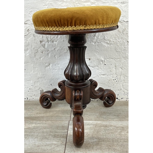 8 - A Victorian carved mahogany and yellow fabric upholstered tripod piano stool - approx. 46cm high x 3... 