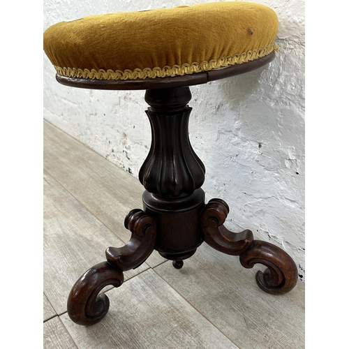 8 - A Victorian carved mahogany and yellow fabric upholstered tripod piano stool - approx. 46cm high x 3... 