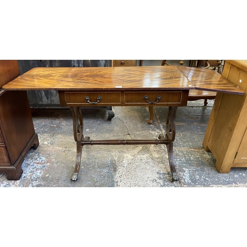 82 - A Regency style mahogany drop leaf lyre end sofa table - approx. 76cm high x 88cm wide not extended ... 