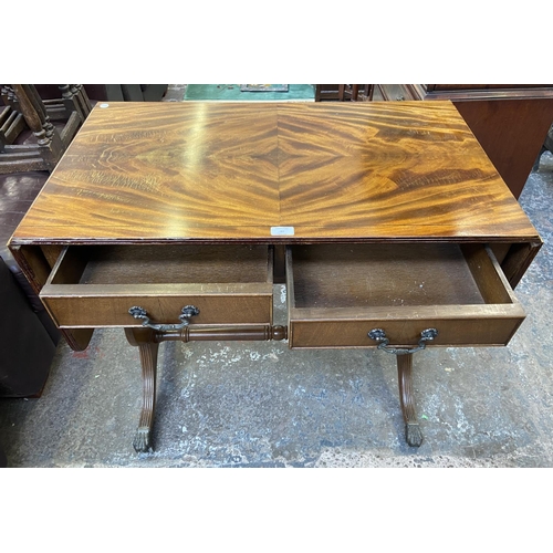 82 - A Regency style mahogany drop leaf lyre end sofa table - approx. 76cm high x 88cm wide not extended ... 