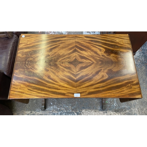 82 - A Regency style mahogany drop leaf lyre end sofa table - approx. 76cm high x 88cm wide not extended ... 