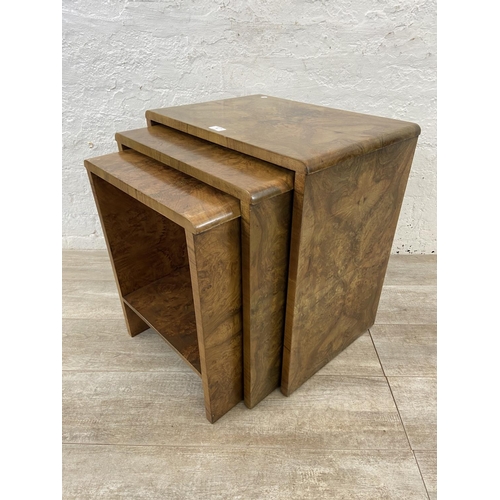 91 - An Art Deco walnut nest of three tables - approx. 59cm high x 53cm wide x 38cm deep