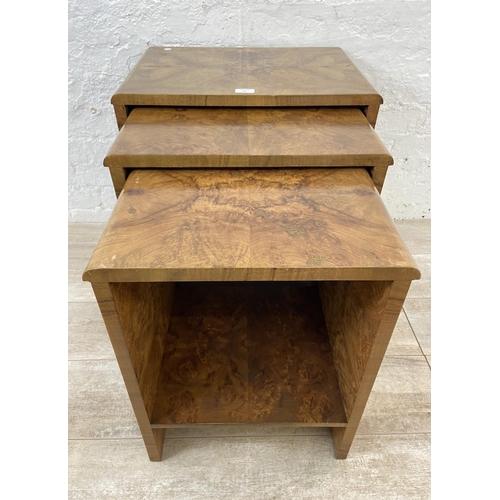 91 - An Art Deco walnut nest of three tables - approx. 59cm high x 53cm wide x 38cm deep