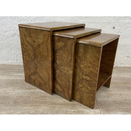 91 - An Art Deco walnut nest of three tables - approx. 59cm high x 53cm wide x 38cm deep
