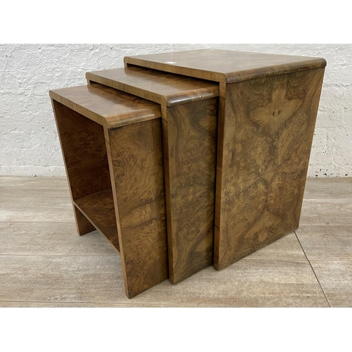 91 - An Art Deco walnut nest of three tables - approx. 59cm high x 53cm wide x 38cm deep