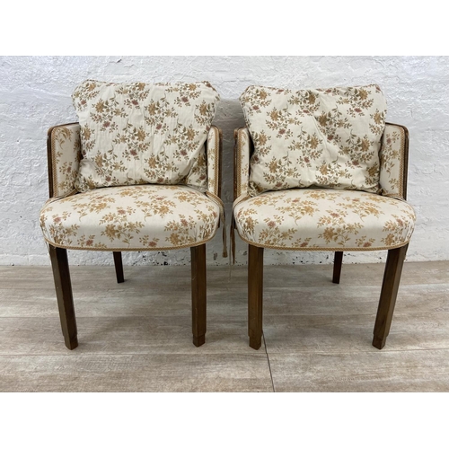 92 - A pair of Art Deco walnut and floral fabric upholstered occasional chairs - approx. 80cm high x 56cm... 