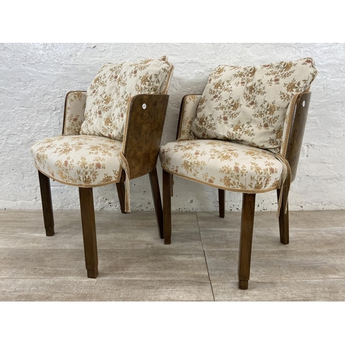 92 - A pair of Art Deco walnut and floral fabric upholstered occasional chairs - approx. 80cm high x 56cm... 