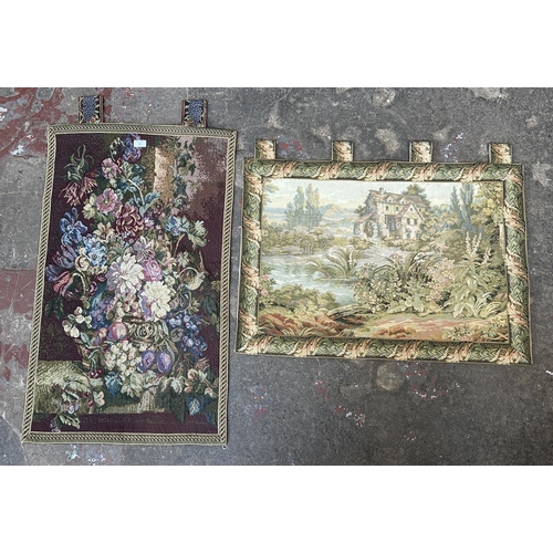 97 - Two late 20th century tapestry wall hangings, one approx. 60cm x 85cm and one approx. 95cm x 58cm