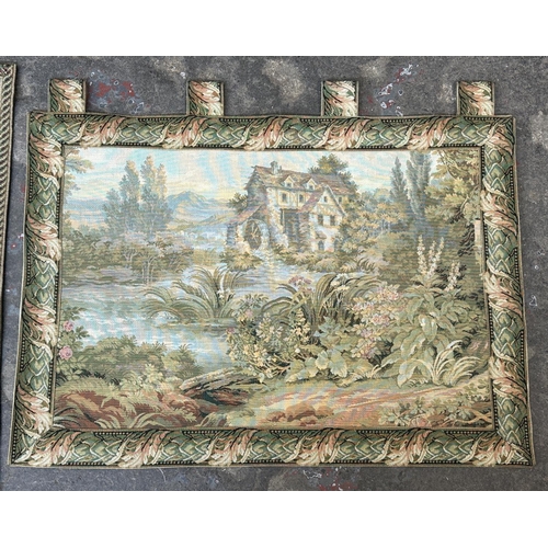 97 - Two late 20th century tapestry wall hangings, one approx. 60cm x 85cm and one approx. 95cm x 58cm