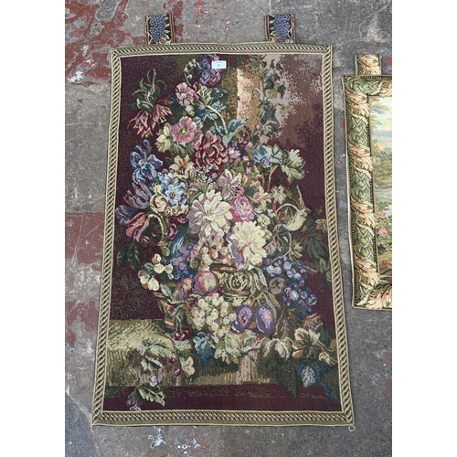 97 - Two late 20th century tapestry wall hangings, one approx. 60cm x 85cm and one approx. 95cm x 58cm