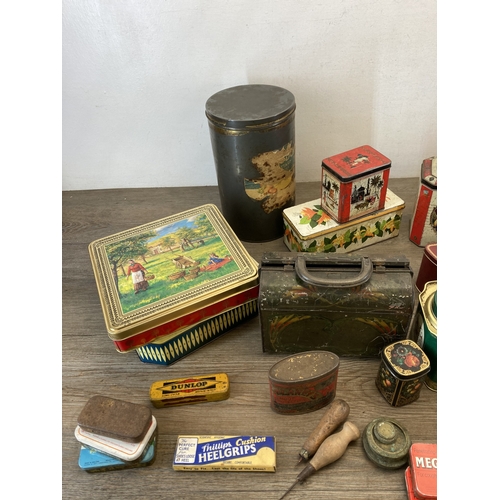 613 - A collection of early/mid 20th century tins to include early 20th century Huntley & Palmers Reticule... 