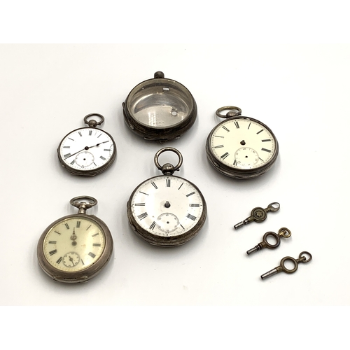 2070 - Five items, two hallmarked sterling silver cased key wind open face pocket watches - approx. gross w... 