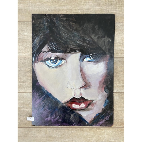 462 - An unframed acrylic on board portrait of a lady - approx. 62cm high x 45cm wide