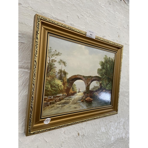 463 - A late 19th/early 20th century gilt framed oil on porcelain of a bridge and stream - approx. 28cm hi... 