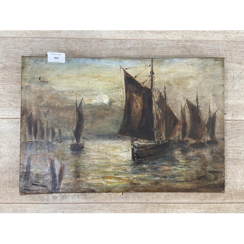 464 - A late 19th/early 20th century unframed oil on canvas of a boating scene - approx. 30cm high x 46cm ... 