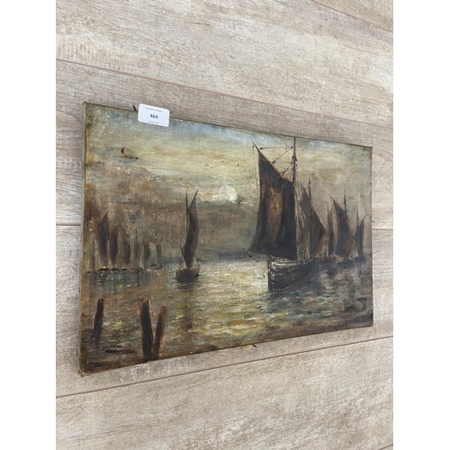 464 - A late 19th/early 20th century unframed oil on canvas of a boating scene - approx. 30cm high x 46cm ... 