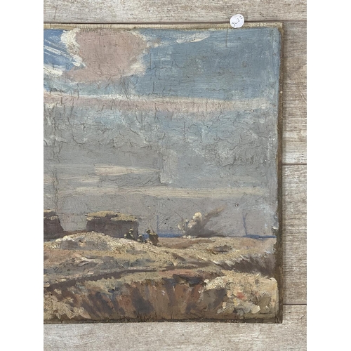 466 - An early 20th century unframed oil on board of soldiers in battle scene - approx. 41cm high x 60cm w... 