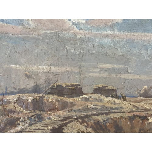 466 - An early 20th century unframed oil on board of soldiers in battle scene - approx. 41cm high x 60cm w... 