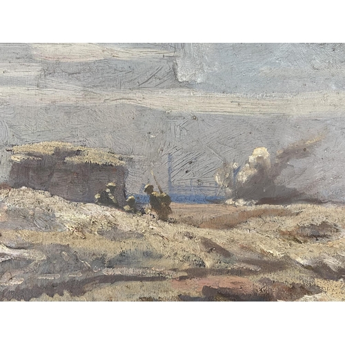 466 - An early 20th century unframed oil on board of soldiers in battle scene - approx. 41cm high x 60cm w... 