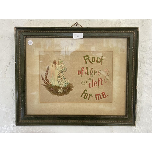 492 - A Victorian framed mixed media needle point Rock of Ages Cleft For Me religious motto - approx. 38cm... 