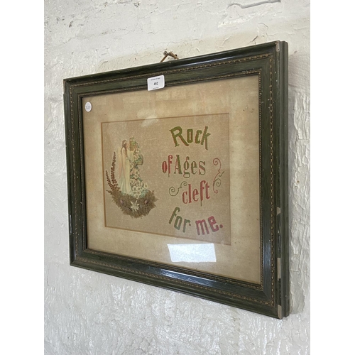 492 - A Victorian framed mixed media needle point Rock of Ages Cleft For Me religious motto - approx. 38cm... 