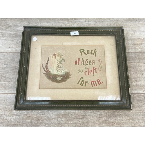 492 - A Victorian framed mixed media needle point Rock of Ages Cleft For Me religious motto - approx. 38cm... 