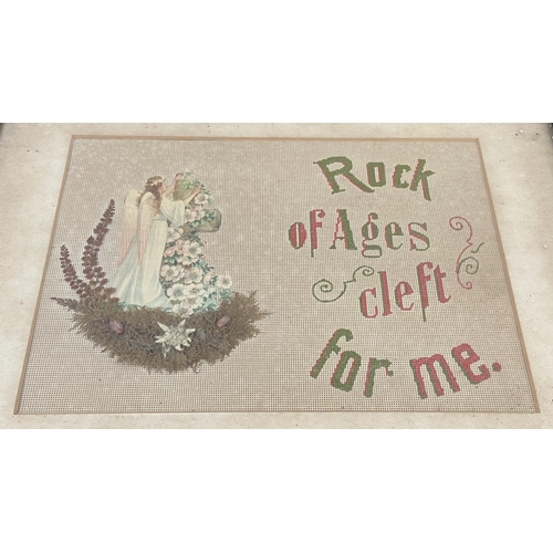 492 - A Victorian framed mixed media needle point Rock of Ages Cleft For Me religious motto - approx. 38cm... 