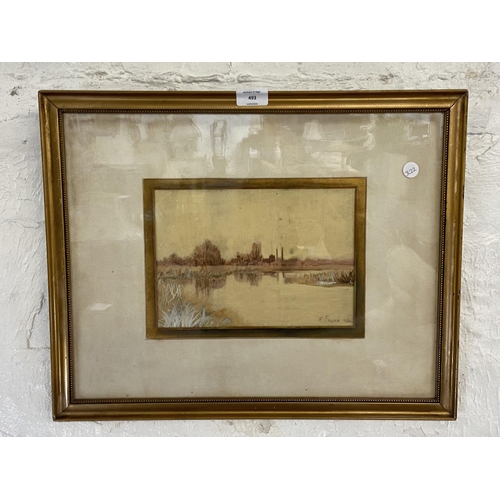 493 - An early 20th century gilt framed Frederick Gordon Fraser (1879-1931) watercolour painting of a lake... 