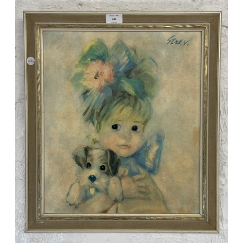 494 - A mid 20th century Amanda Strevens kitsch print of a young girl and puppy - approx. 52cm high x 45cm... 