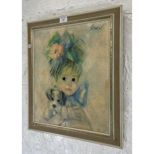 494 - A mid 20th century Amanda Strevens kitsch print of a young girl and puppy - approx. 52cm high x 45cm... 