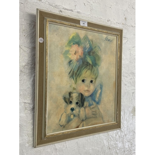 494 - A mid 20th century Amanda Strevens kitsch print of a young girl and puppy - approx. 52cm high x 45cm... 