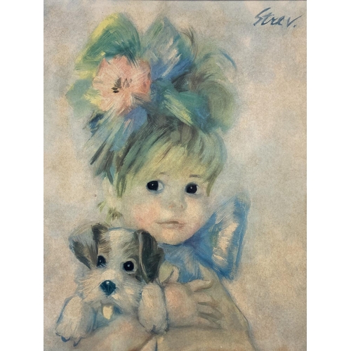 494 - A mid 20th century Amanda Strevens kitsch print of a young girl and puppy - approx. 52cm high x 45cm... 