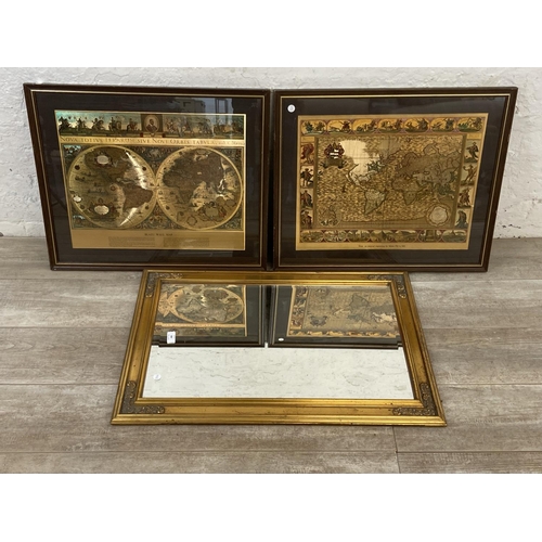 498 - Three items, one modern gilt framed bevelled edge wall mirror and two framed maps, one double hemisp... 