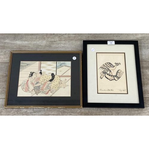 499 - Two Oriental prints, one Tony Hunt titled 