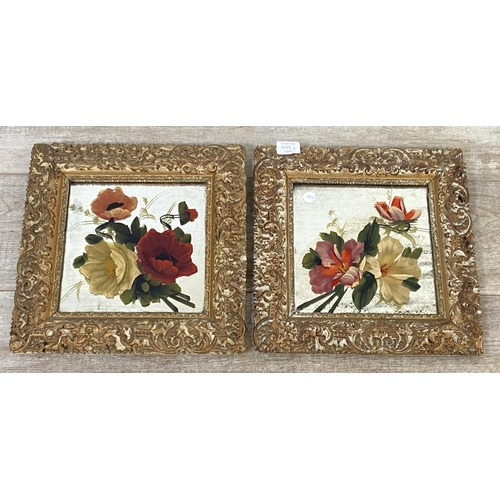 499A - Two 19th century gilt framed wall mirrors with hand painted floral designs - approx. 34cm high x 34c... 