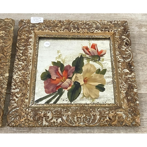 499A - Two 19th century gilt framed wall mirrors with hand painted floral designs - approx. 34cm high x 34c... 