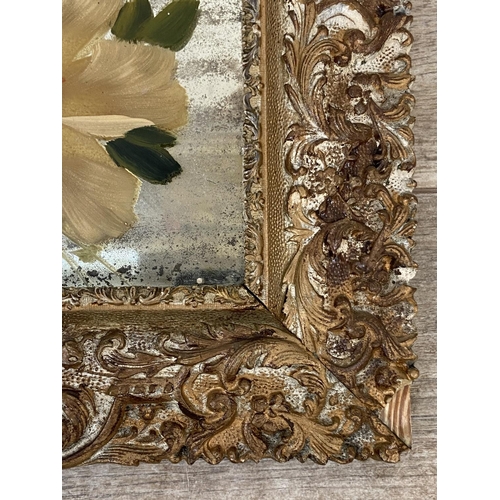 499A - Two 19th century gilt framed wall mirrors with hand painted floral designs - approx. 34cm high x 34c... 