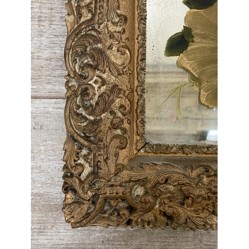 499A - Two 19th century gilt framed wall mirrors with hand painted floral designs - approx. 34cm high x 34c... 